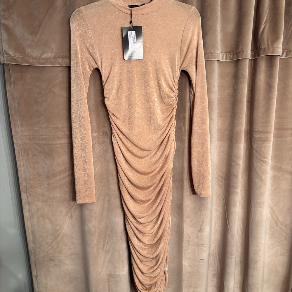 PrettyLittleThing Shimmering Tan Long Sleeve Dress
